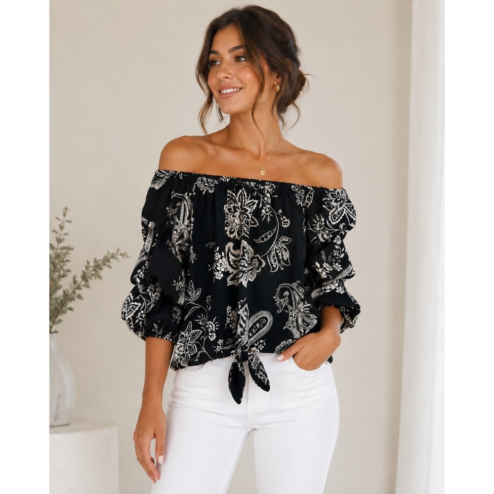 VINCE CAMUTO Size XS Paisley Off-the-Shoulder Bubble Sleeve Tie-Front Blouse